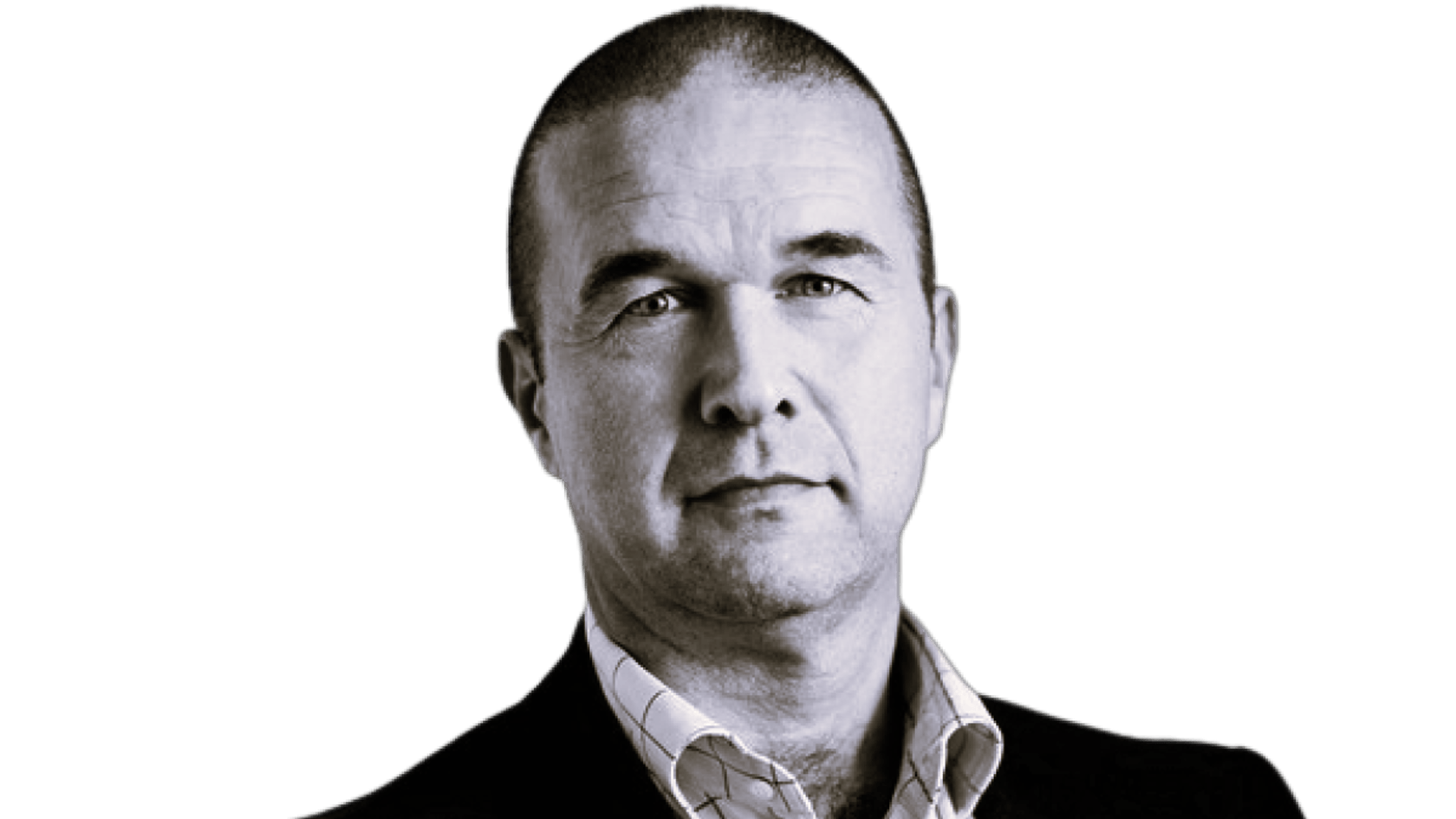 A close-up portrait of Ole Pflug, CEO of Scan Antenna, displaying a focused demeanor with short hair, dressed in a sharp black suit and open-collared shirt, set against a dark background, reflecting the seriousness and ambition he brings to PMRExpo.