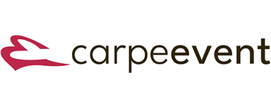 carpe event productions GmbH & Co. KG Red stylized airplane symbol to the left of the black text 'carpeevent'.
