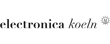 electronica GmbH Text 'electronica koeln' in black serif font with a stylized round symbol featuring lines and dots to the right.