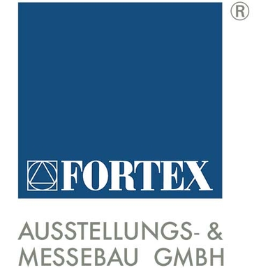 Fortex AUSSTELLUNGS- & MESSEBAU GmbH Blue square containing a white triangle and circle, with 'FORTEX' in uppercase below, and gray text 'AUSSTELLUNGS- & MESSEBAU GMBH' underneath.