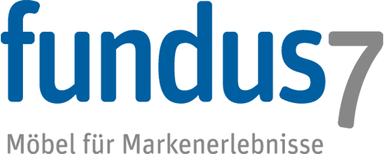 fundus7 GmbH Logo with the word 'fundus7' in blue and gray, below it the slogan 'Möbel für Markenerlebnisse' in gray.
