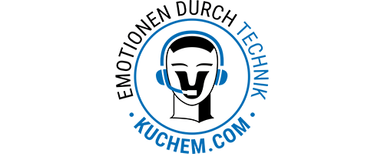 Kuchem Konferenz Technik GmbH & Co. KG Black-and-white stylized head wearing a blue headset, surrounded by the text 'Emotionen durch Technik' and 'kuchem.com'.