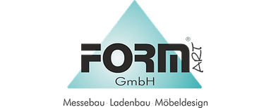 Form Art GmbH Turquoise triangle with black text 'FORM GmbH' and a small stylized human figure, below the text 'Montage, Industrie, Möbelbau'.