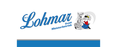 H. J. Lohmar GmbH Logo with the text 'H.J. Lohmar GmbH Meisterbetrieb' in blue script and a small illustration of a worker wearing a helmet and holding tools.