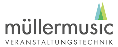 müllermusic Veranstaltungstechnik GmbH & Co. KG Logo with the lowercase word 'müllermusic' and uppercase 'VERANSTALTUNGSTECHNIK' below, three green triangles of different sizes above on the right.