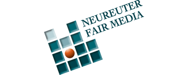 NEUREUTER FAIR MEDIA GmbH Logo with multiple square tiles in blue and gray shades, one orange tile, next to the text 'NEUREUTER FAIR MEDIA' in uppercase, tilted.