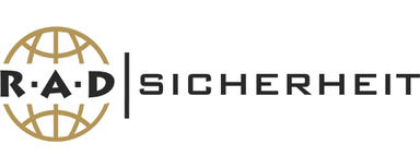 RAD Sicherheit GmbH Gold globe symbol with black letters 'R A D', next to black text 'SICHERHEIT'.