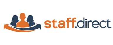 Staff Direct GmbH Three stylized human figures in orange and dark blue with two arrows below, next to the text 'staff.direct' in orange and dark blue.