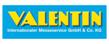 Valentin Internationaler Messeservice GmbH & Co. KG Yellow word 'VALENTIN' in uppercase on blue background, below white text 'Internationaler Messeservice GmbH & Co. KG'.