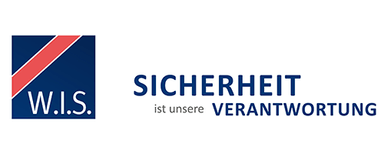 W.I.S. Sicherheit + Service GmbH & Co. KG Logo with dark blue square, red diagonal stripe, and white 'W.I.S.' text next to blue and gray text 'SICHERHEIT ist unsere VERANTWORTUNG'.