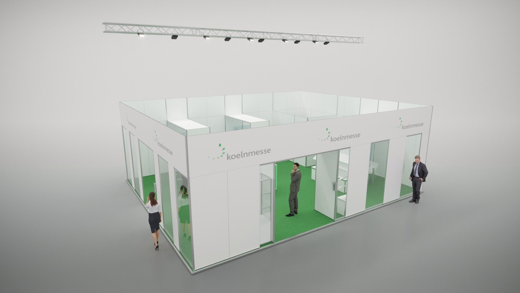 Closed Closed stand model: closed stand, suspended lighting truss, reception counter and group of bar tables