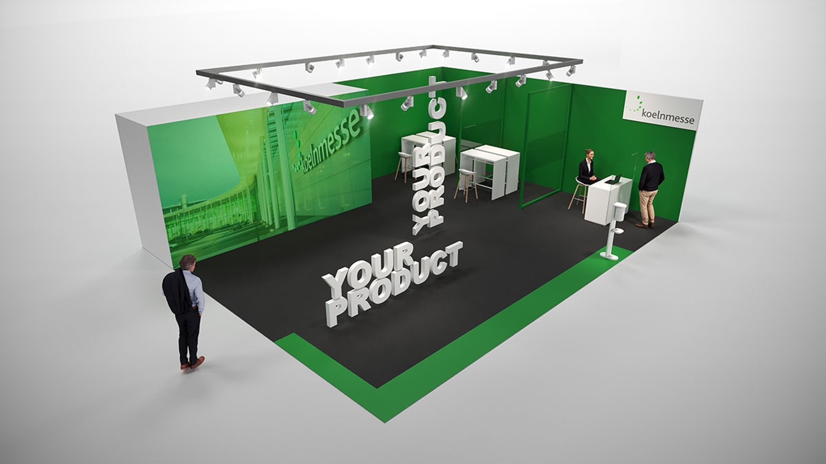Colours Colours stand modell: coloured walls, aluminium ceiling frame, meeting room facilities, logo panel