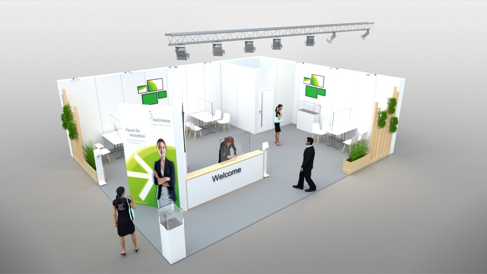 Cozy Cosy stand model: semi-open stand, display pedestals, seating areas, suspended lighting truss, wooden elements, plant benches