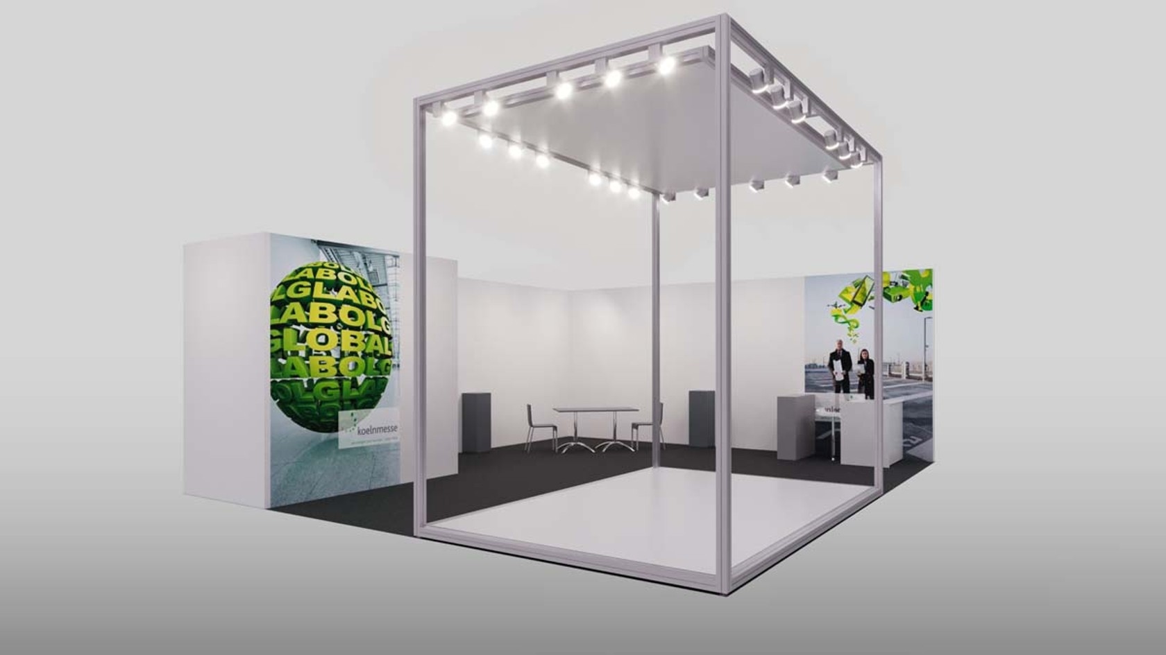 Cube Cube stand modell: wooden frame walls, aluminium cube with fabric cover, reception counter, seating area
