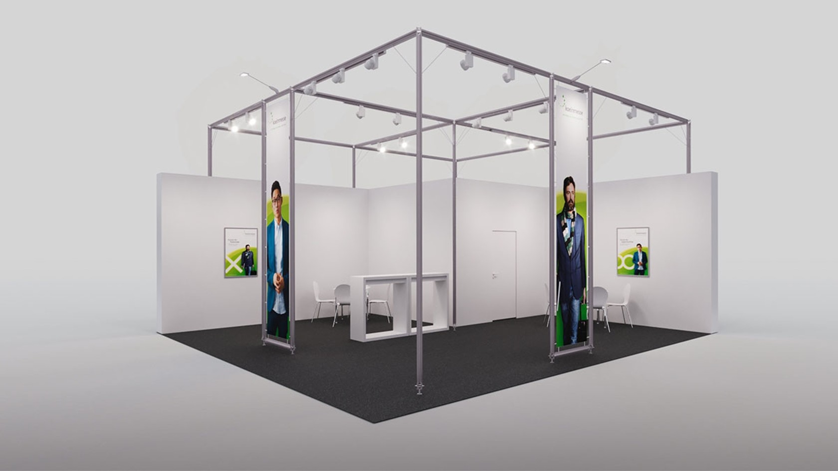Frame Frame stand modell: aluminium system with banners, counter as room divider, two meeting areas