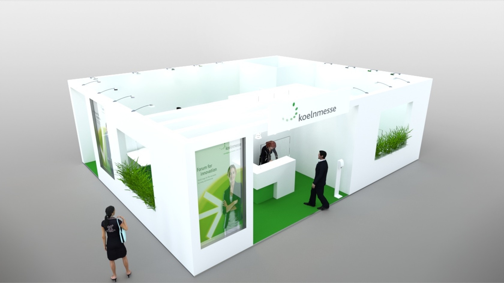 Loft Loft floor model: ceiling beams with spotlights, seat options, graphic banner, display case platform