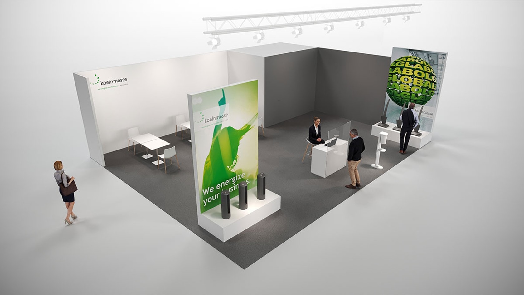 On-Display On-display stand model: several product displays, suspended lighting truss, reception counter and meeting area