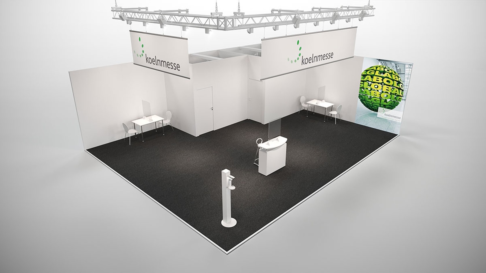 Pure Pure stand modell: open stand with suspended lighting trusses and ceiling banners
