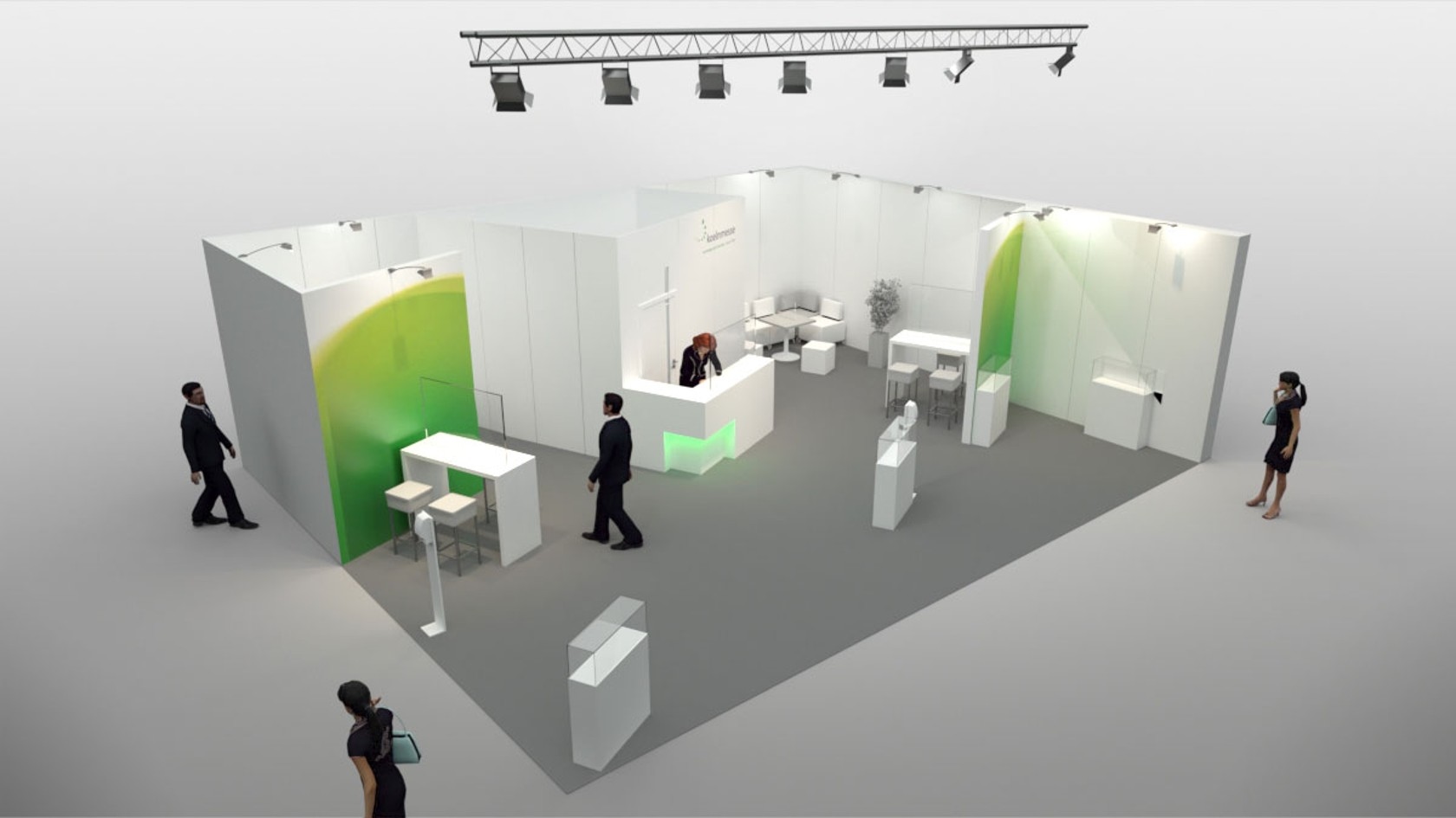 Slant Slant stand model: semi-open stand, various seating and meeting options, spotlights and lighting truss, fabric banner