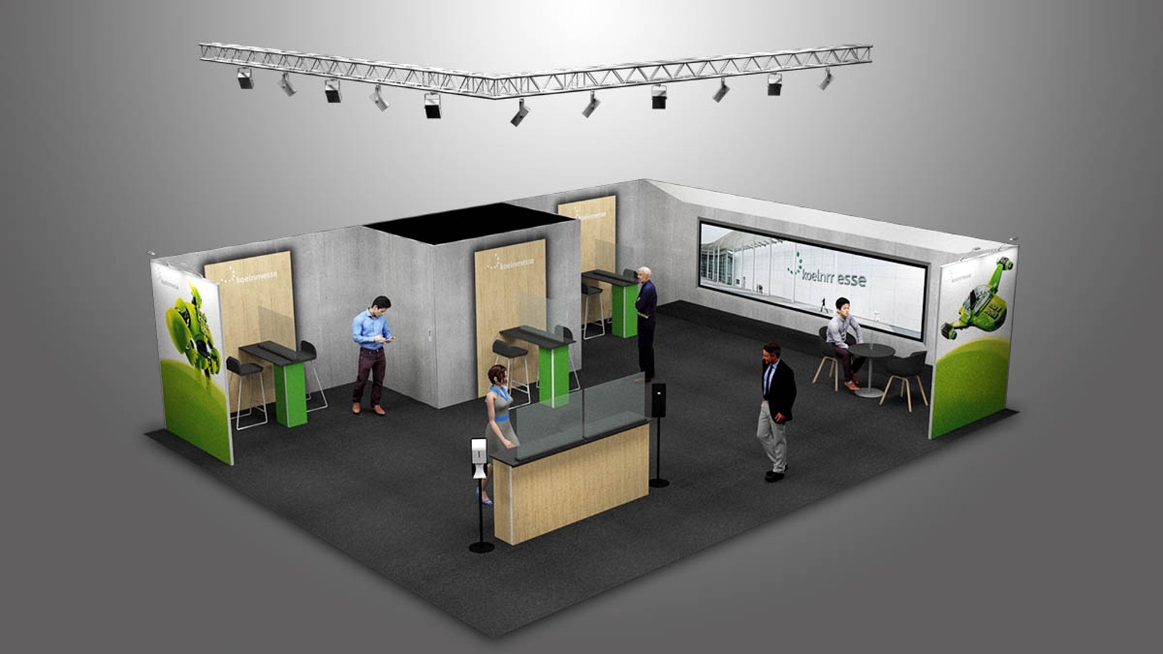 Village Village stand model: semi-open stand, suspended lighting truss, customisable walls, reception counter and seating options