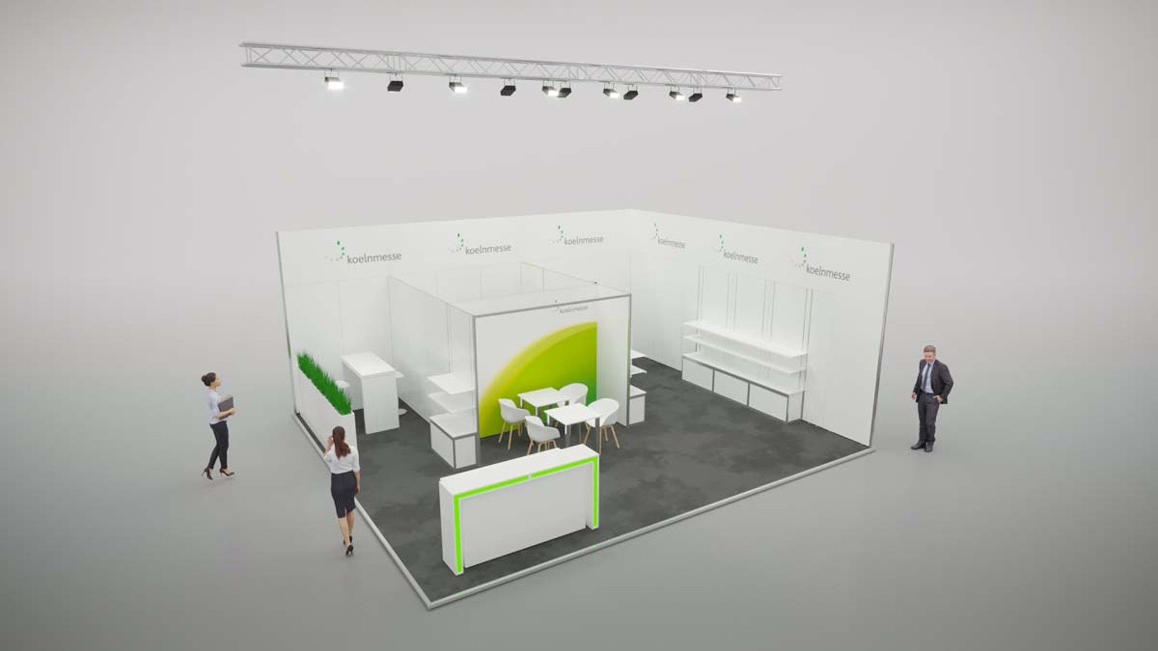 Wall Wall Stand model: column-free stand, suspended lighting truss, reception counter, high table, room divider with plants