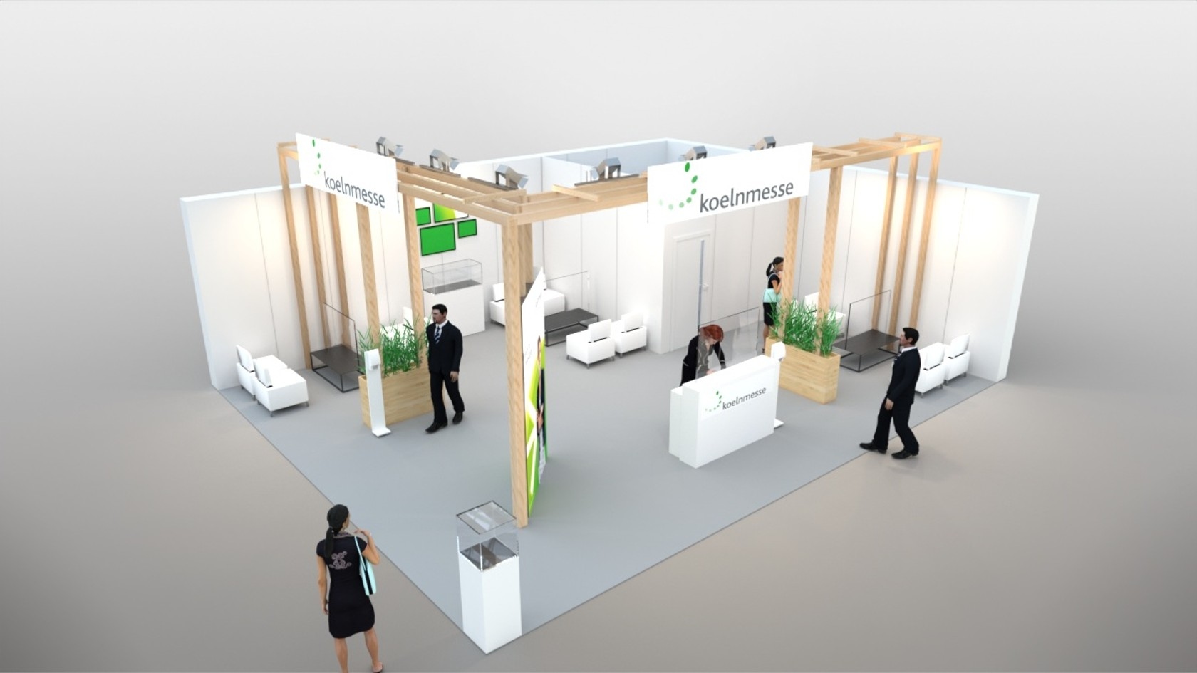Woody Woody stand model: wooden support element with spotlights, plants in wooden elements, illuminated wall, seating options