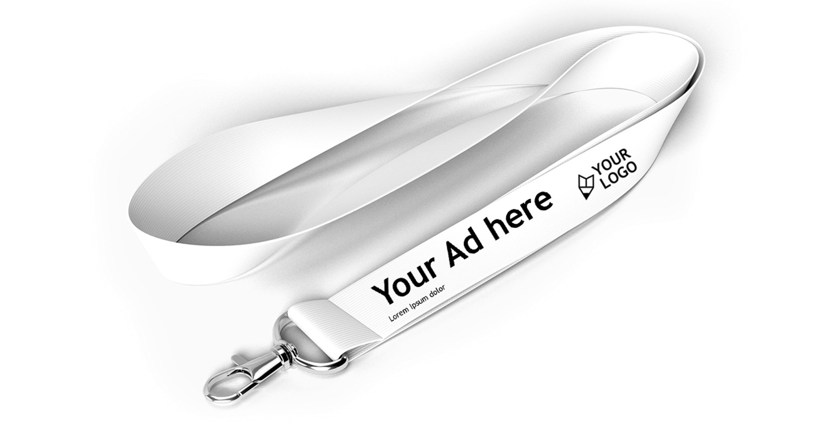 The Aisle is Yours White lanyard with metal clasp, printed with black text 'Your Ad here' and a small logo.