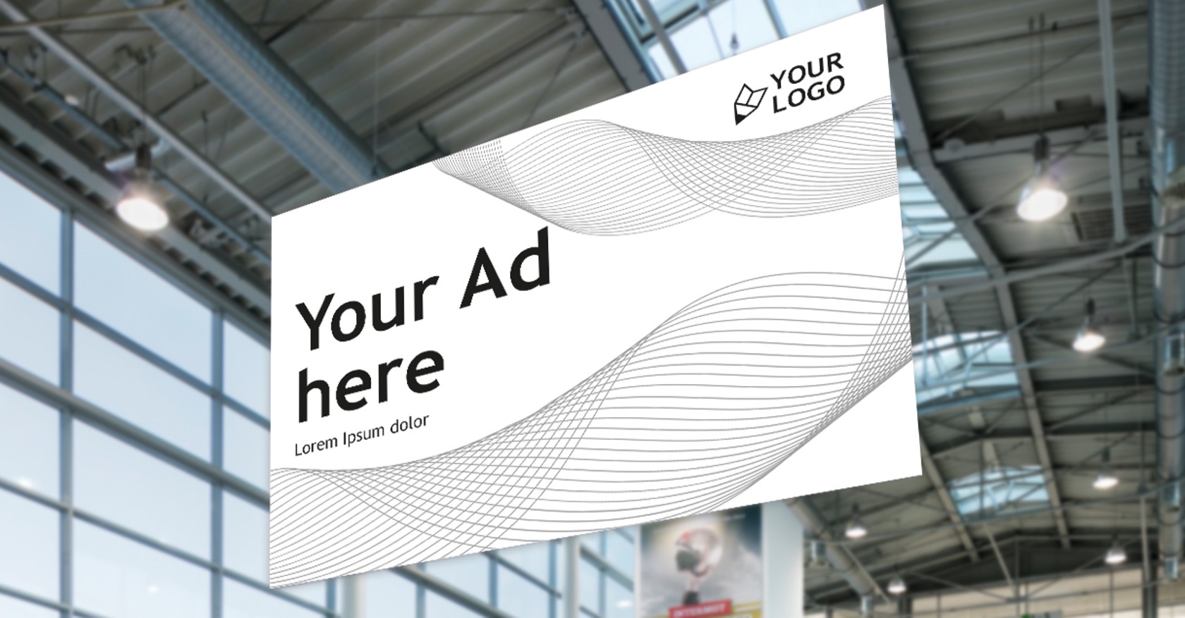 All In Package Double-sided textile banner with wave line pattern, text 'Your Ad here' and 'Lorem Ipsum dolor', top right logo with cube symbol and 'YOUR LOGO' text.
